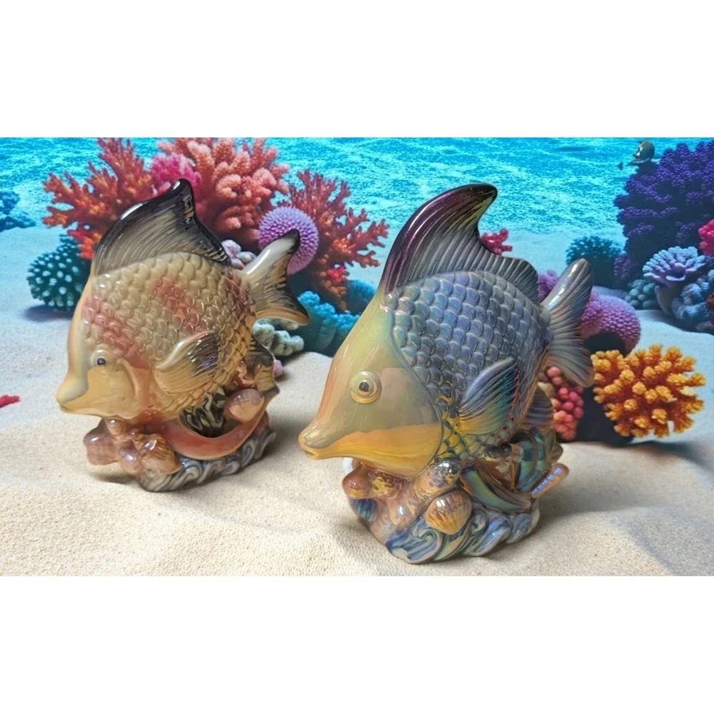 2 VTG Iridescent Pearl Lusterware Porcelain Kitsch Under The Sea Fish Figurines